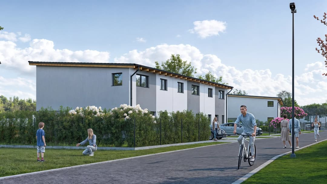 Vizualizace trojdomu s ulicí a cyklistou